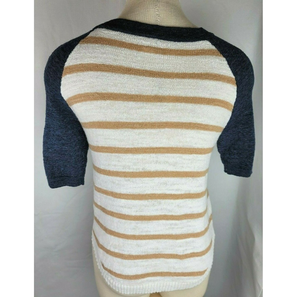 J Crew Womens Size XS Blue White Brown Linen Blend Knit Casual Blouse Shirt - Picture 3 of 4